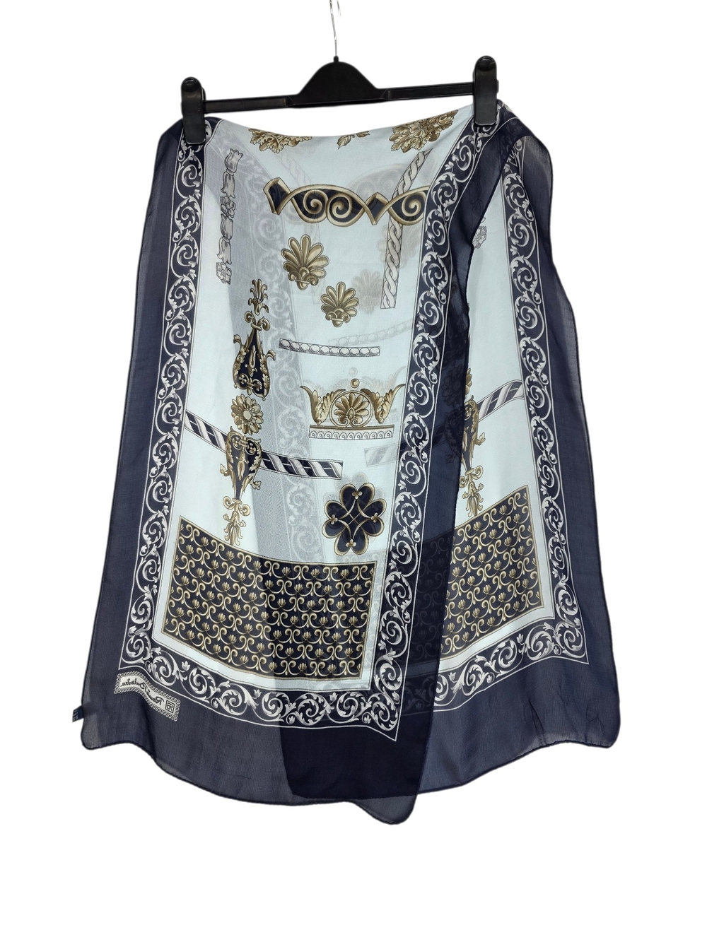 Vintage Renato Balestra 100% Silk Baroque Print Scarf with Gold Accents